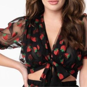 Smak Parlour Black & Red Strawberry Roller Queen Crop Blouse